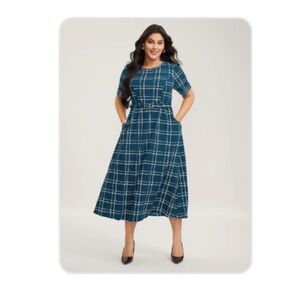 Plaid Teal Midi Dress with Belt 18-20